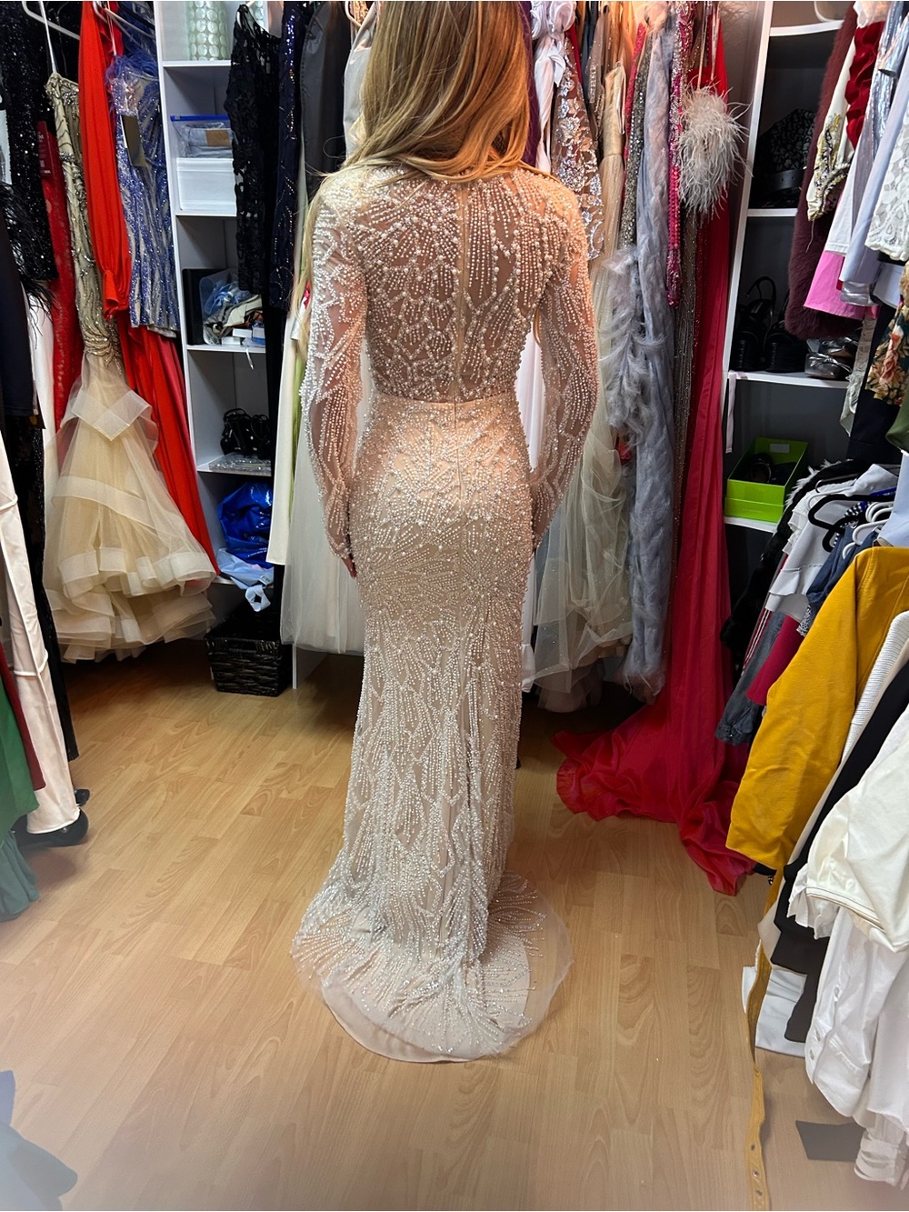 Embellished Long Sleeve Illusion Back Evening Gown - Champagne